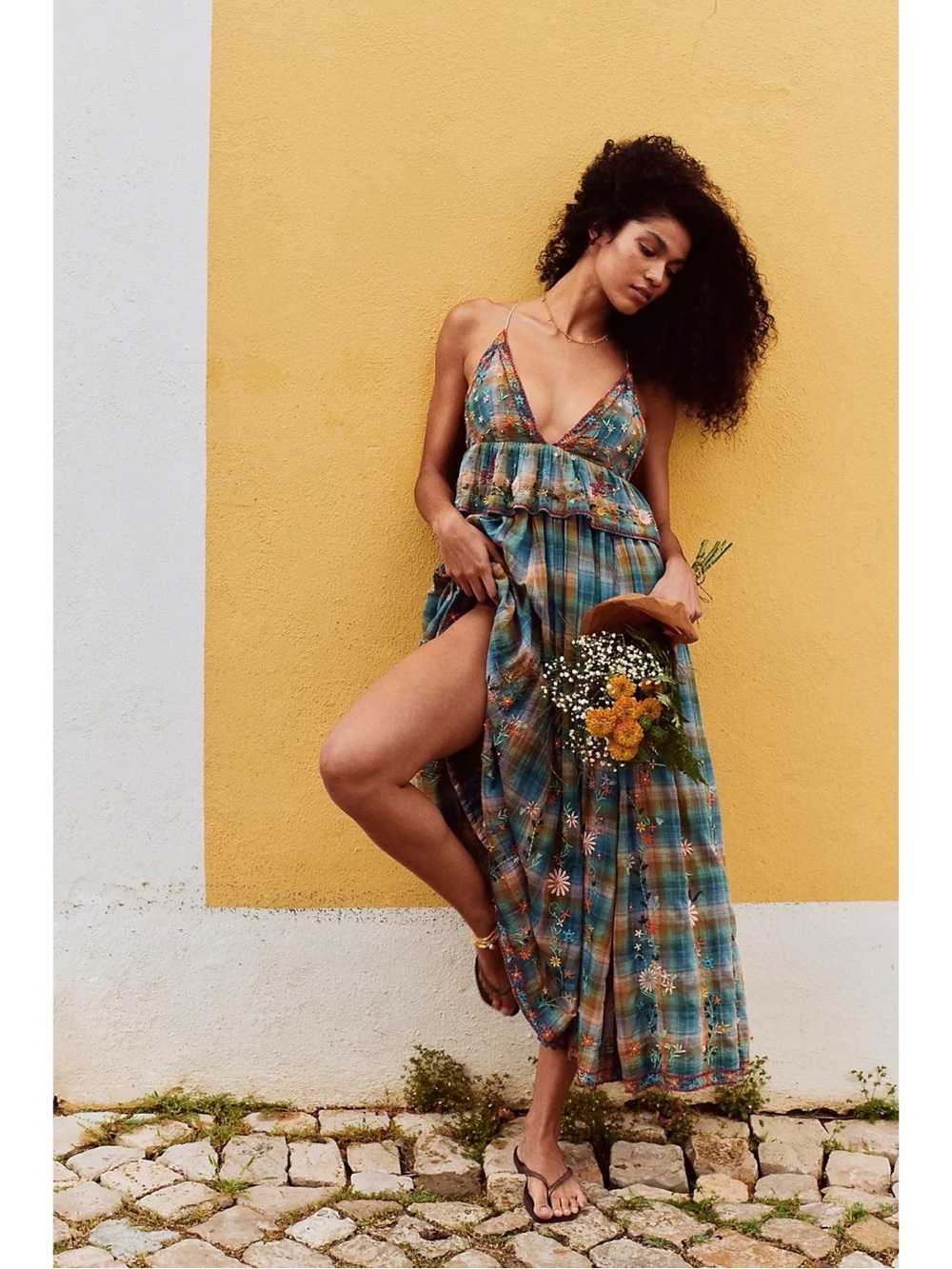 Free People Bohemian 70s Embroidered Plaid Songs Of Summer Maxi Dress Large NWT - Picture 9 of 16